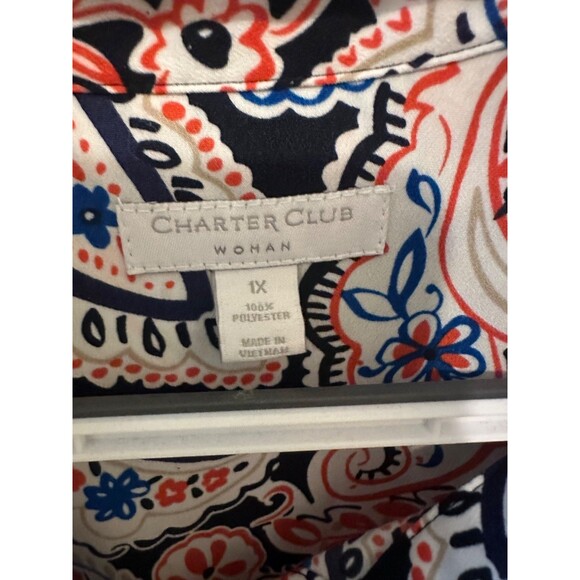 Charter Club Woman 1X Paisley Button Front Blouse Navy Coral Long Sleeve - Picture 3 of 6